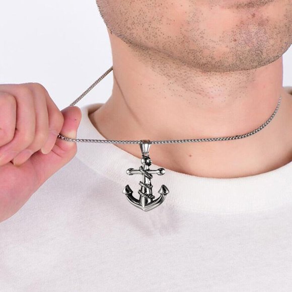 Mens Silver Stainless Steel Boat Anchor Rope Pendant Rolo Chain Necklace Gift - Picture 6 of 6